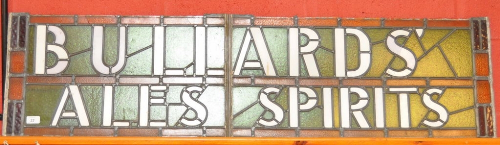 STAINED GLASS PUB ADVERTISING SIGN BULLARDS ALES IN TWO SECTIONS EACH MEASURING 37 X 65 CM APPROX