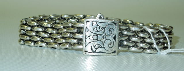 FOUR ROW HEAVY CHAIN BRACELET WITH SQUARE DECORATIVE CLASP, MARKED 925