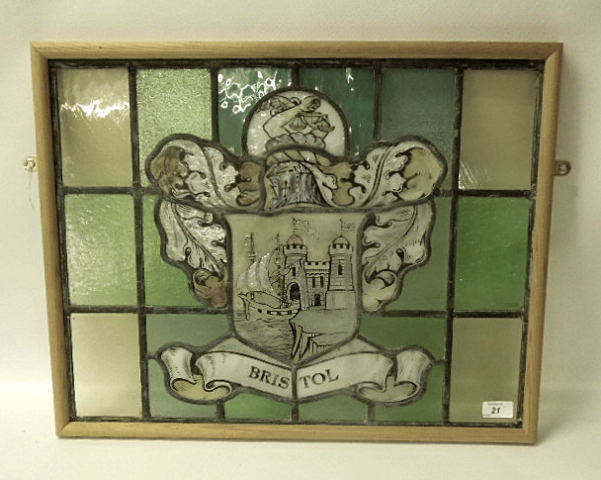 STAINED GLASS PANEL, BRISTOL COAT OF ARMS, 45 X 58 CM APPROX