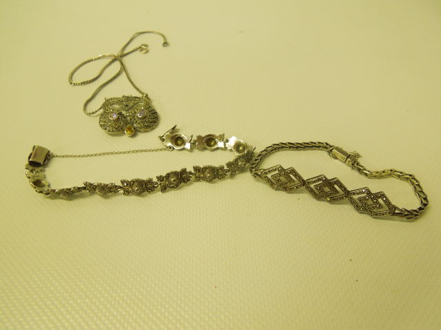 TWO SILVER MARCASITE BRACELETS TOGETHER WITH STYLIZED BUTTERFLY PENDANT ON CHAIN