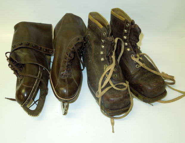 PAIR OF OLD LEATHER HIKING/CLIMBING BOOTS AND A PAIR OF VINTAGE LEATHER ICE SKATING BOOTS SIZE 5 1/2