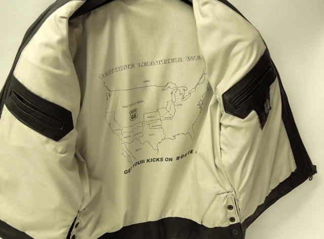 SOFT LEATHER DARK BROWN JACKET, MARKED ROUTE 66, WITH COTTON LINING, PRINTED WITH ROUTE 66 MAP, - Image 2 of 4