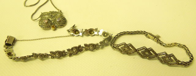 TWO SILVER MARCASITE BRACELETS TOGETHER WITH STYLIZED BUTTERFLY PENDANT ON CHAIN - Image 3 of 3