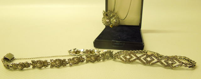 TWO SILVER MARCASITE BRACELETS TOGETHER WITH STYLIZED BUTTERFLY PENDANT ON CHAIN - Image 2 of 3