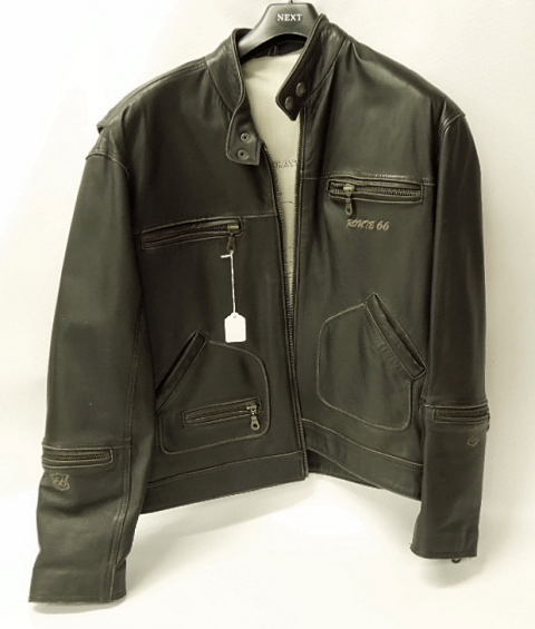 SOFT LEATHER DARK BROWN JACKET, MARKED ROUTE 66, WITH COTTON LINING, PRINTED WITH ROUTE 66 MAP,