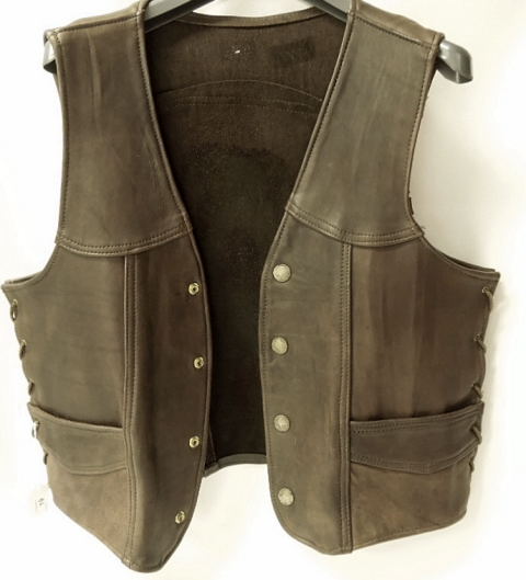 BROWN LEATHER WAISTCOAT, LACING DETAIL TO BOTH SIDES, PRESS STUD FASTENINGS "FIVE CENT PIECES", 59