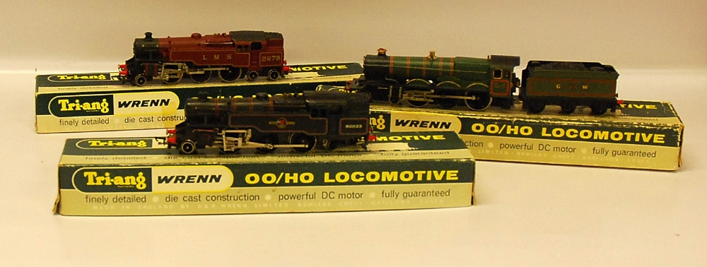 THREE TRIANG WRENN BOXED '00' GAUGE MODEL RAILWAY LOCOS INCL. DEVIZES CASTLE & TENDER, LMS TANK