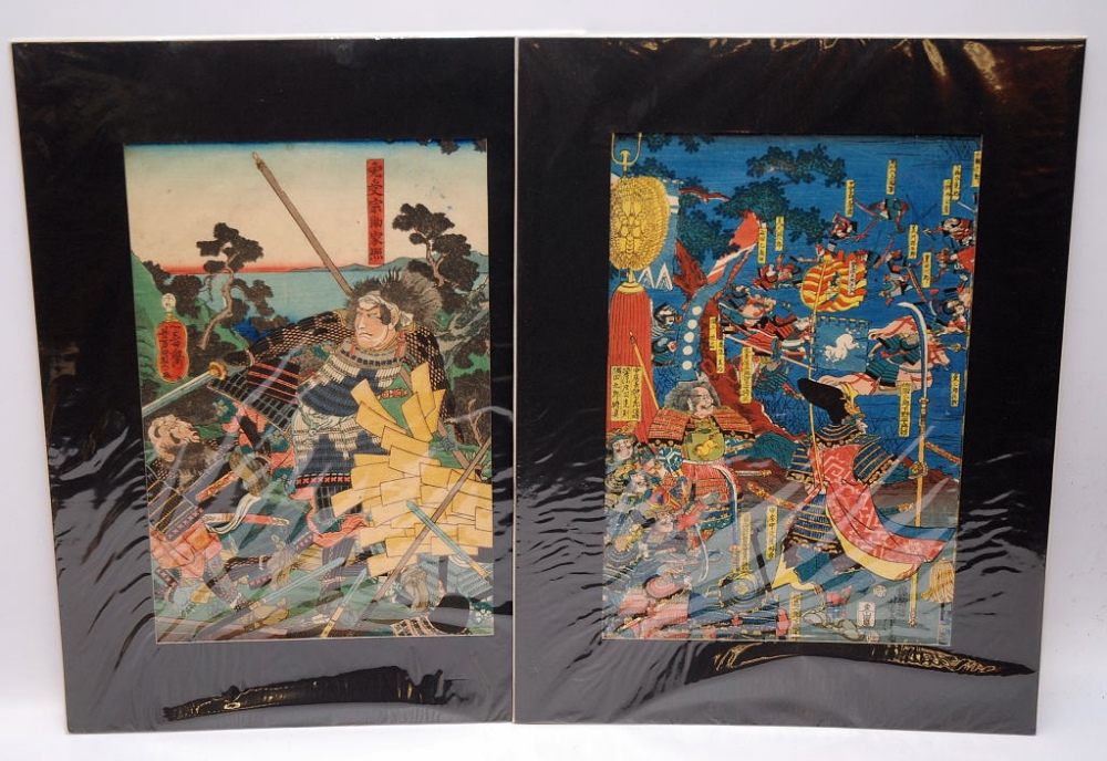 TWO SIMILAR JAPANESE WOODCUT PRINTS BY YOSHIKAZU OF SAMURAI, DETAILS TO REVERSE WITH GALLERY
