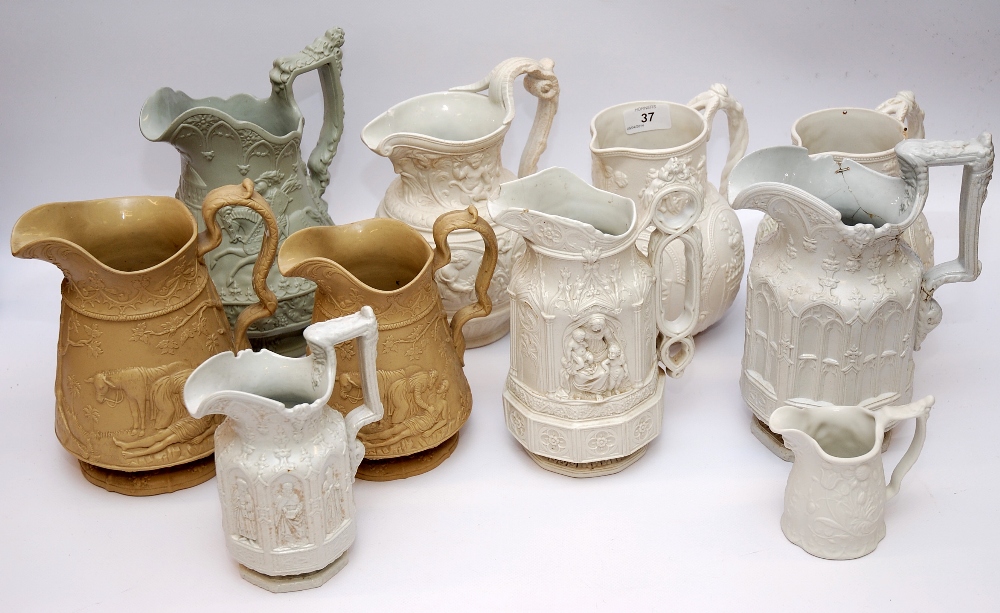 TEN STONEWARE JUGS TO INC. YORK MINSTER JUG DATED TO BASE NOV. 12TH 1846, CHARLES MEIGH, GOOD