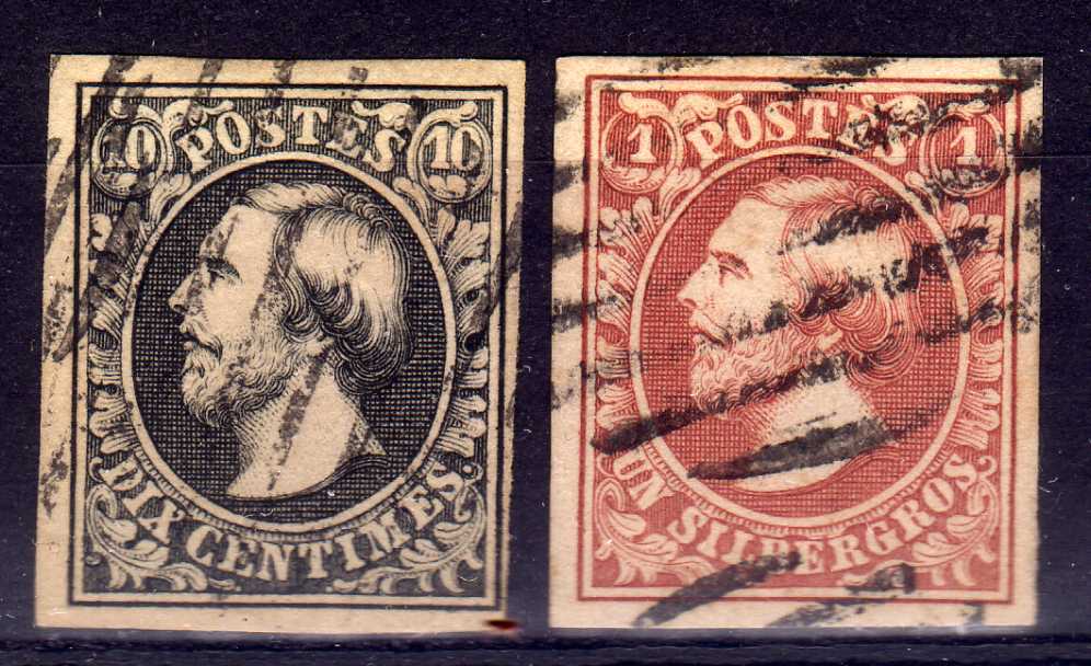 LUXEMBOURG: 1852-8 10c AND 1sgr USED, 4 MARGINS, FINE (2)