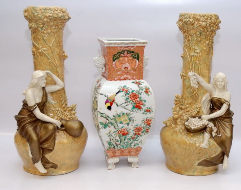 ORIENTAL PORCELAIN VASE, BIRD AND FLOWER DECORATION AND TWO FIGURED VASES, FEMALE FIGURES WITH