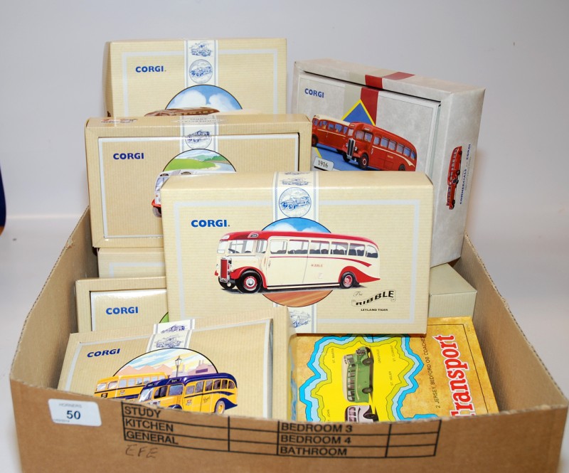 BOX CONTAINING 8 CORGI DIECAST BUSES TOGETHER WITH 4 X DOUBLE, INCL. EARLY YEARS 1916, 1991 ISLAND