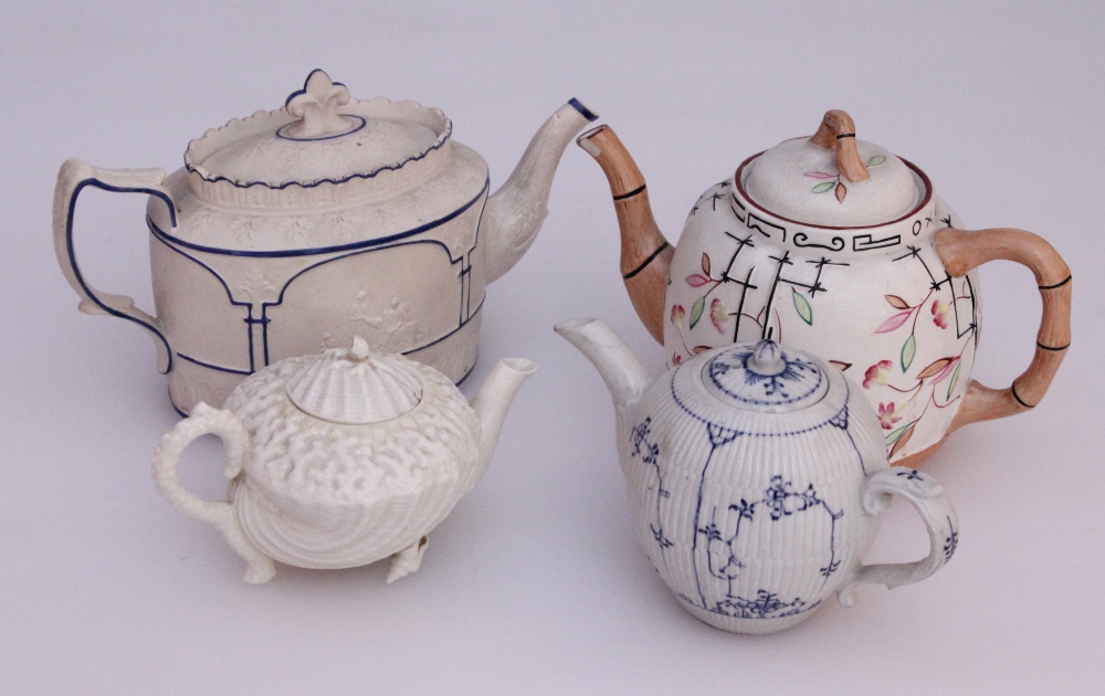 A collection of pottery and porcelain teapots, to include a 19th century Meissen `Onion` pattern