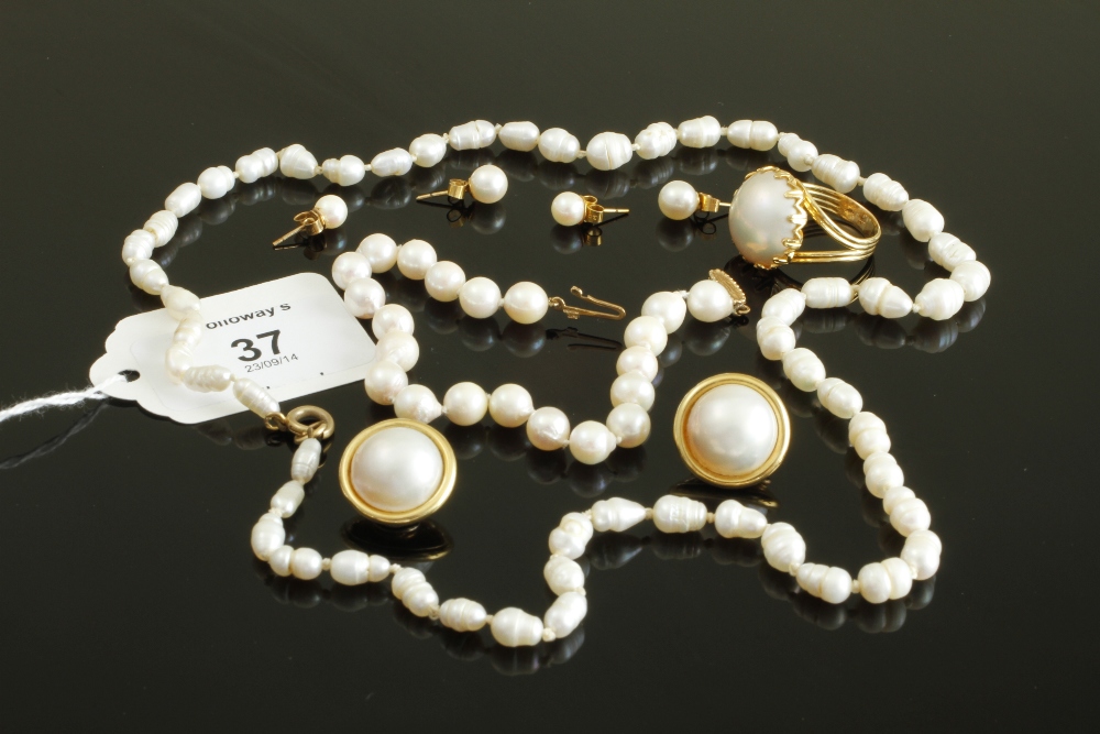 A pair of mabe pearl earrings, together with a mabe pearl ring, a cultured pearl bracelet, a