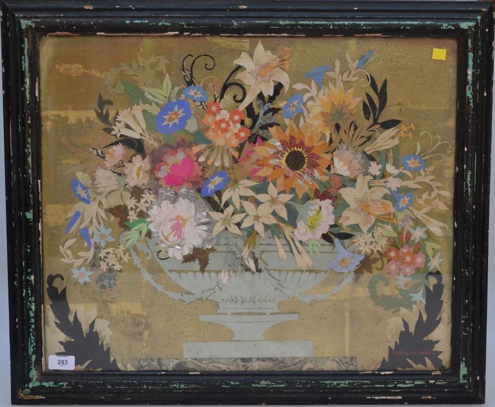 Berenice Wood, A late 19th century collage, Summer Flowers, in a swagged urn, bears label verso