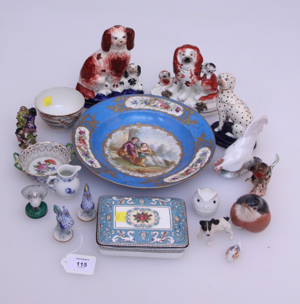 A collection of European ceramics, includes a Royal Copenhagen cockerel, Victorian Staffordshire