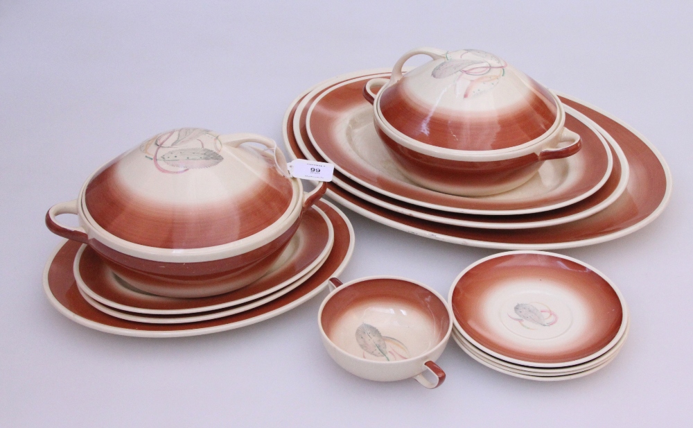A Susie Cooper Grey Leaf 1163 pattern part dinner service, with brown wash borders, 69 items