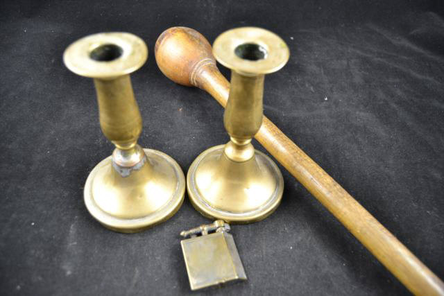 A pair of 19th century brass candlesticks - H14.5cm, an exercise club and a vintage Parker Beacon