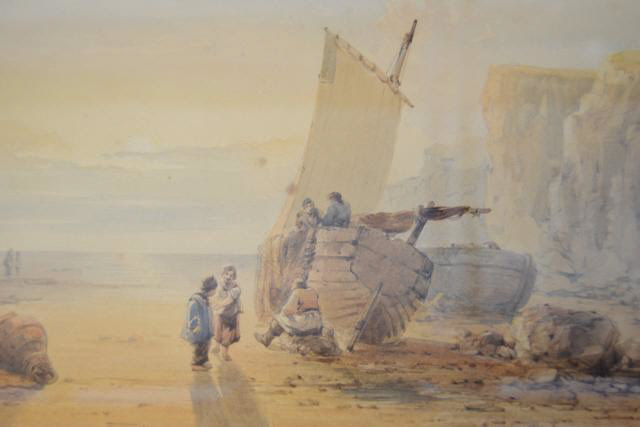 19th century school - fishermen mending their nets - 22x34cm watercolour, unsigned   CONDITION