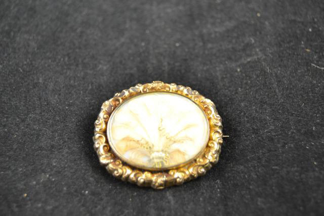 A yellow metal (tests as 18ct gold) mourning brooch with plume design under glass - W4.2cm