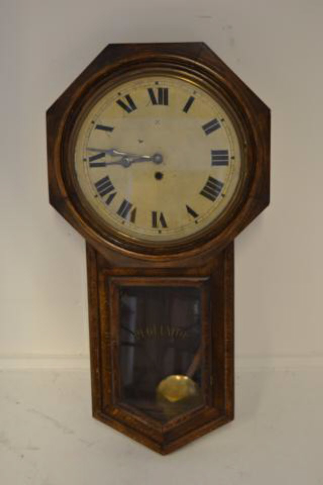 An American Ansonia drop dial clock, single train movement, visible brass bob pendulum - H82cm