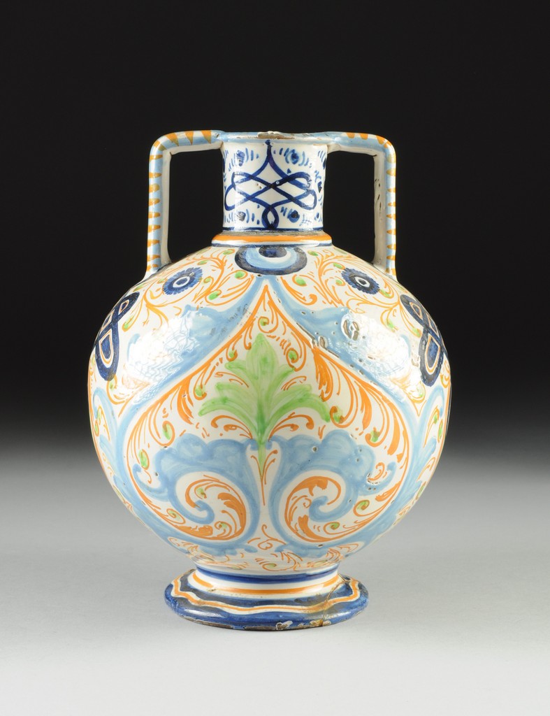 AN ITALIAN MAJOLICA POLYCHROME PAINTED TWO-HANDLED VESSEL, LATE 19TH/EARLY 20TH CENTURY,  the