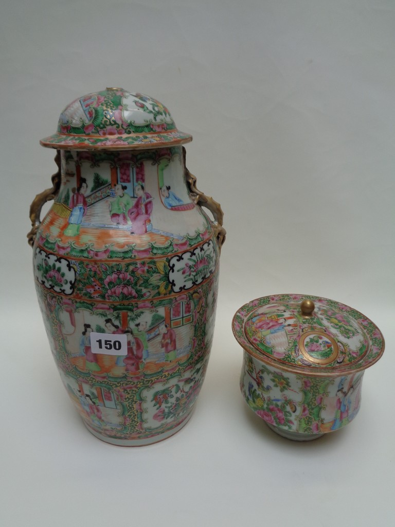 Large 19thC Cantonese lidded vase with figural and floral decoration and a lidded Jar Condition -