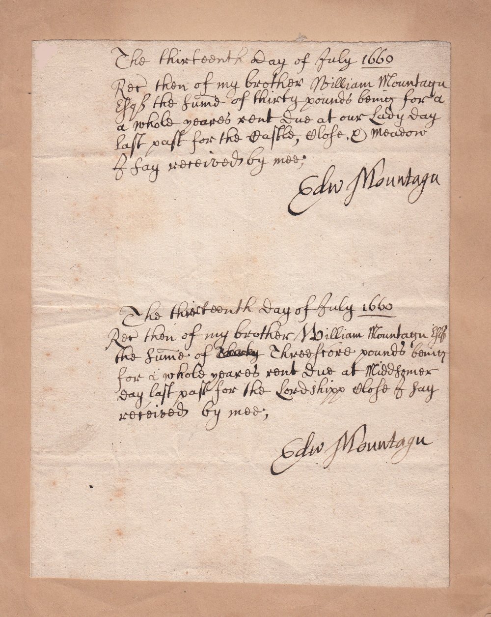 MONTAGU EDWARD: (1616-1684) 2nd Baron Montagu of Boughton. English Peer and Politician. Manuscript