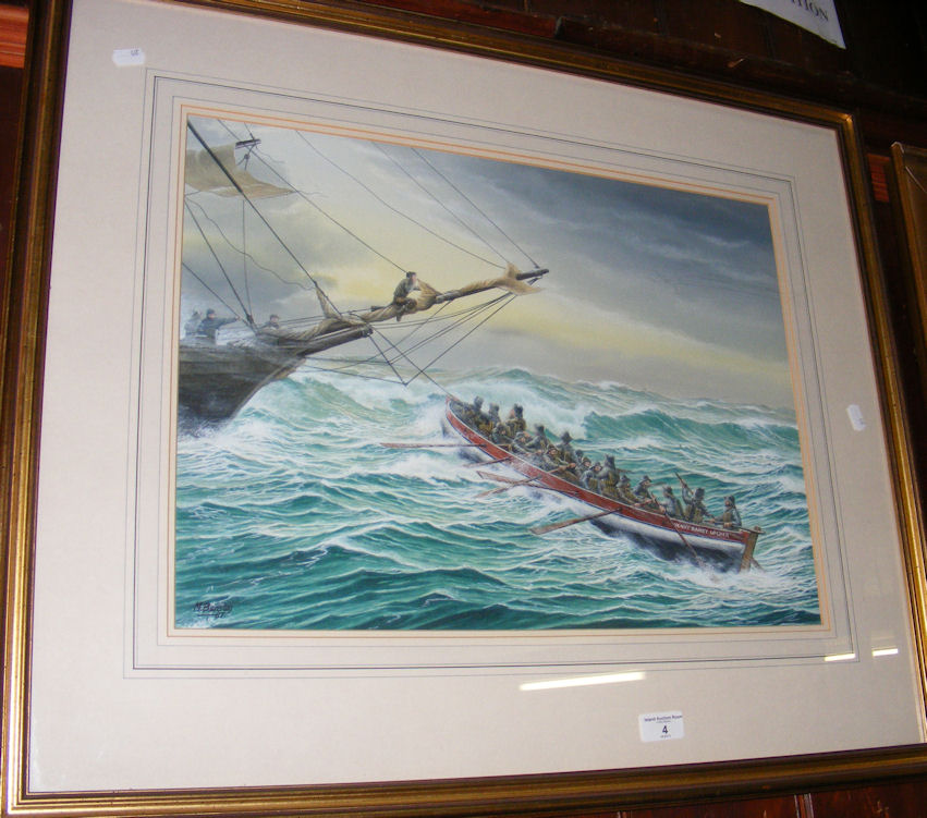 M BENSLEY - watercolour of lifeboat rescue - signed and dated.