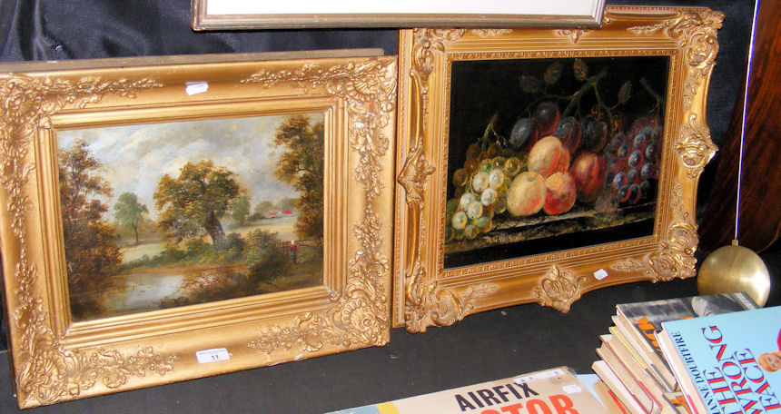 ENGLISH SCHOOL - 19th century landscape scene, together with an oil still life of fruit.