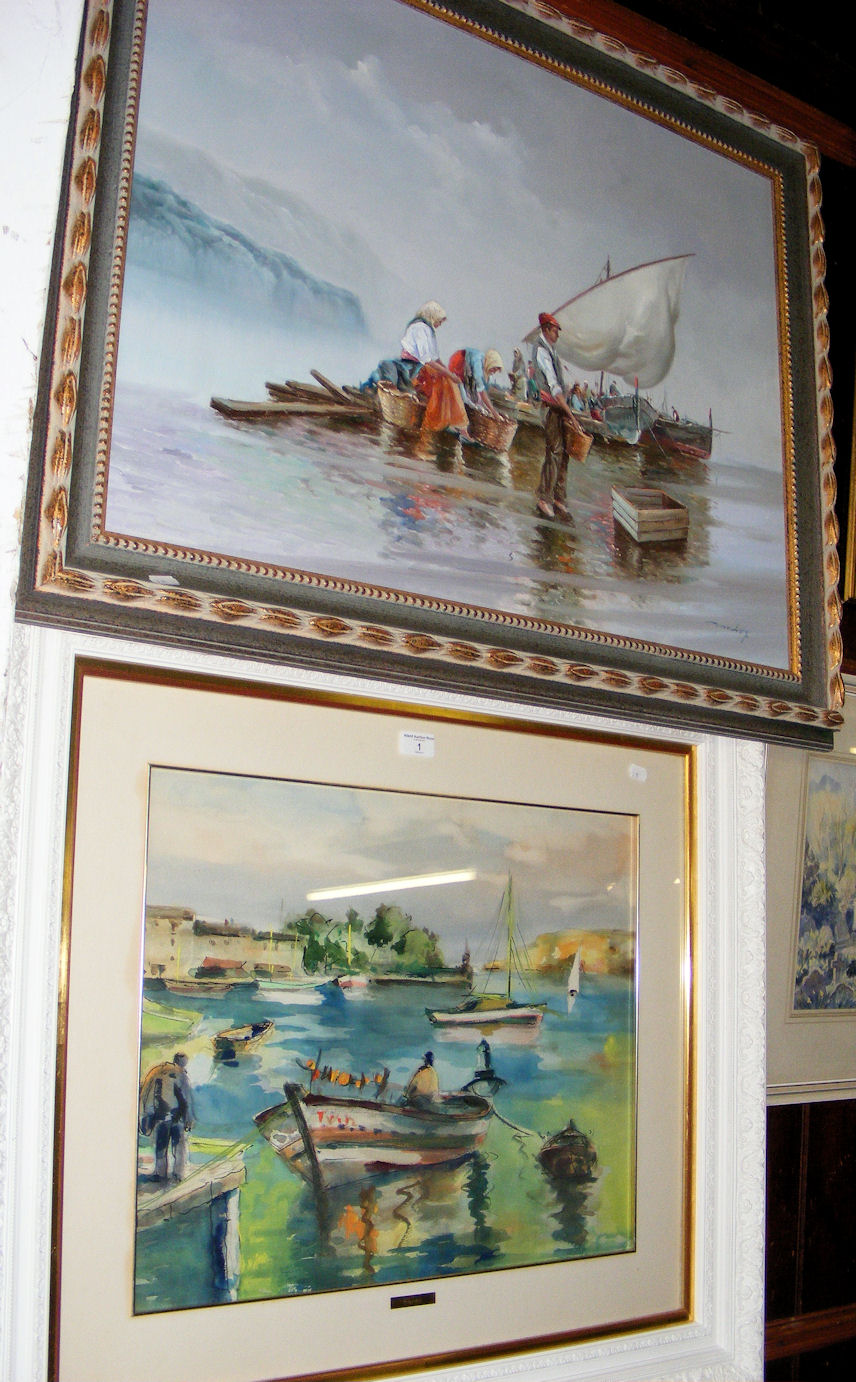 An oil on canvas of continental fishing scene, together with a watercolour.