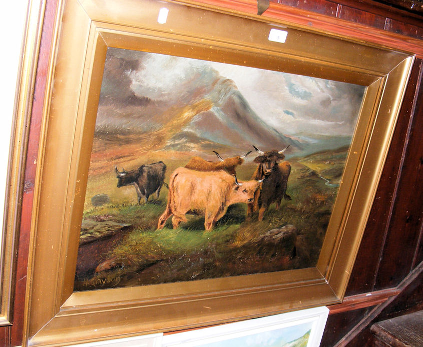 19th century oil on canvas - Highland Cattle scene - signed GRAYSON.