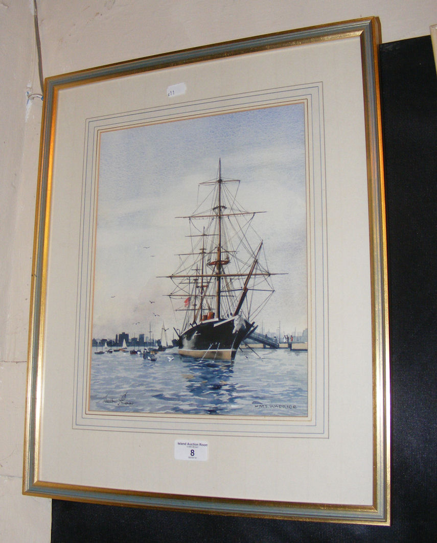 WALTER SHAW - 33cm x 25cm - watercolour HMS Warrior - signed.