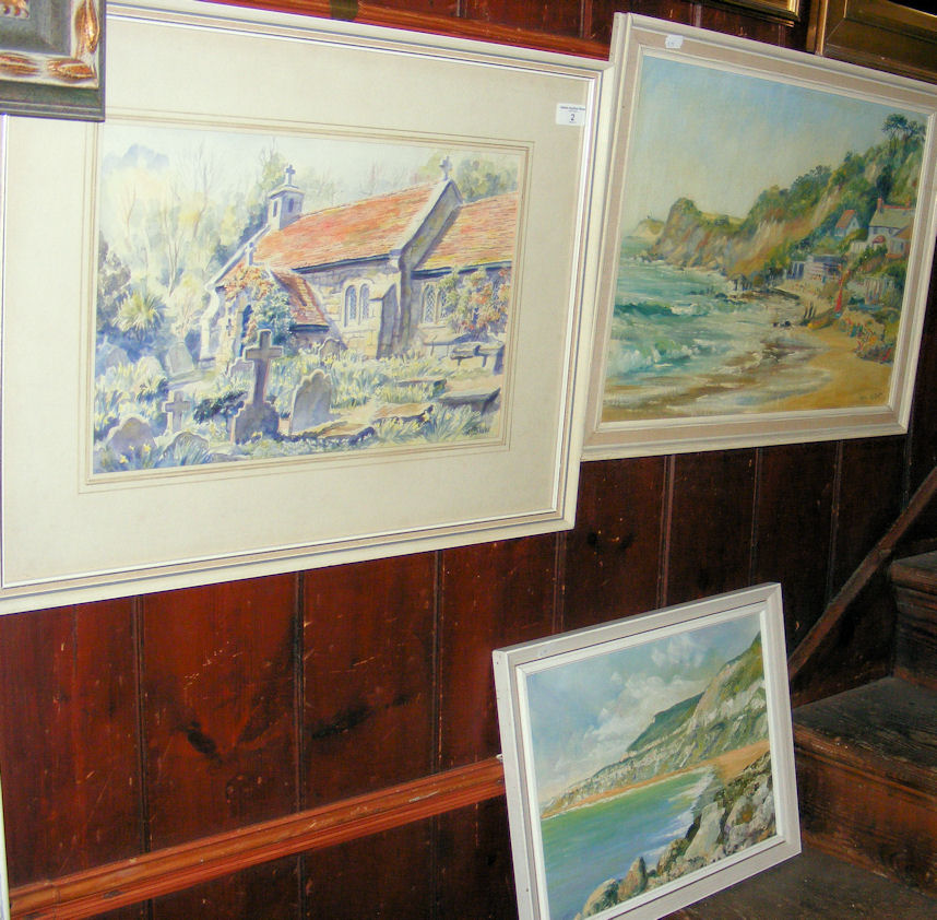 R BLAKE - two oils on board - Isle of Wight coastal scenes and a watercolour of St Lawrence Church -