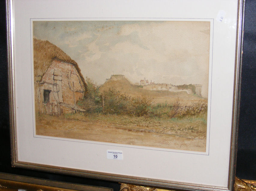 19th century ENGLISH SCHOOL - 27cm x 42cm - watercolour - Carisbrooke Castle with thatched barn to