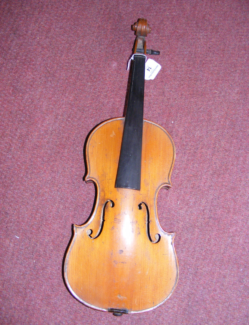 A child’s violin with 30cm one piece back, having internal label inscribed “Dulcis et Fortis”.