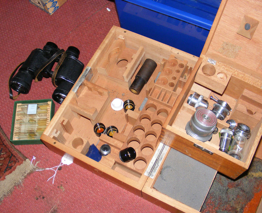 A pair of 8 x 40 field binoculars, sundry microscope lenses etc.