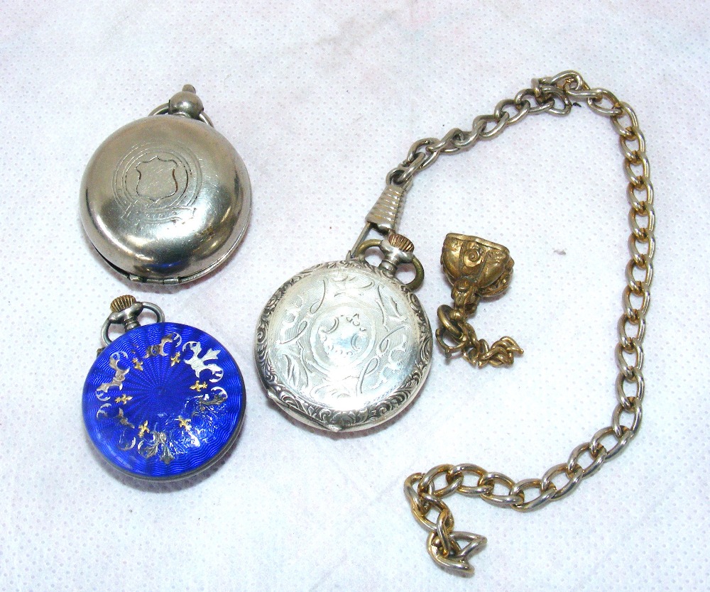 A guilloche enamel & sterling silver ladies fob watch the dial signed "Balmoral", another sterling - Image 2 of 2