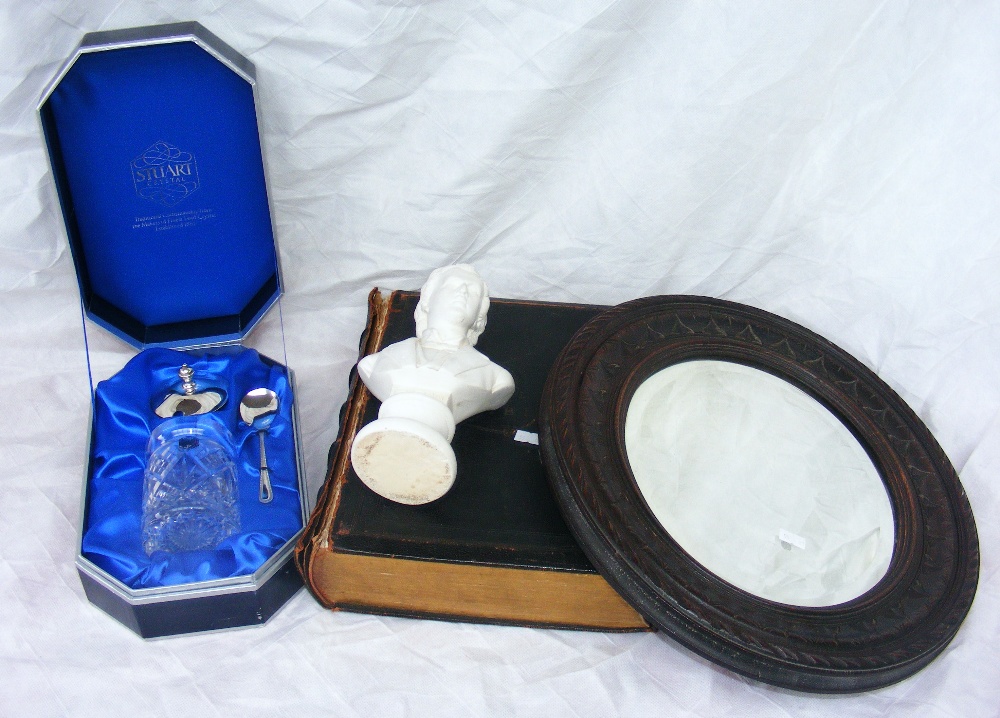 A Victorian leather bound bible, a hand carved wooden mirror & a Stuart Crystal cased condiment