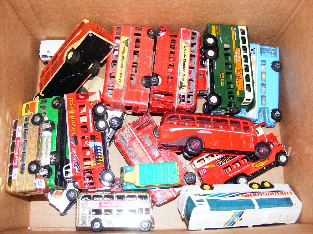 A box of diecast buses.