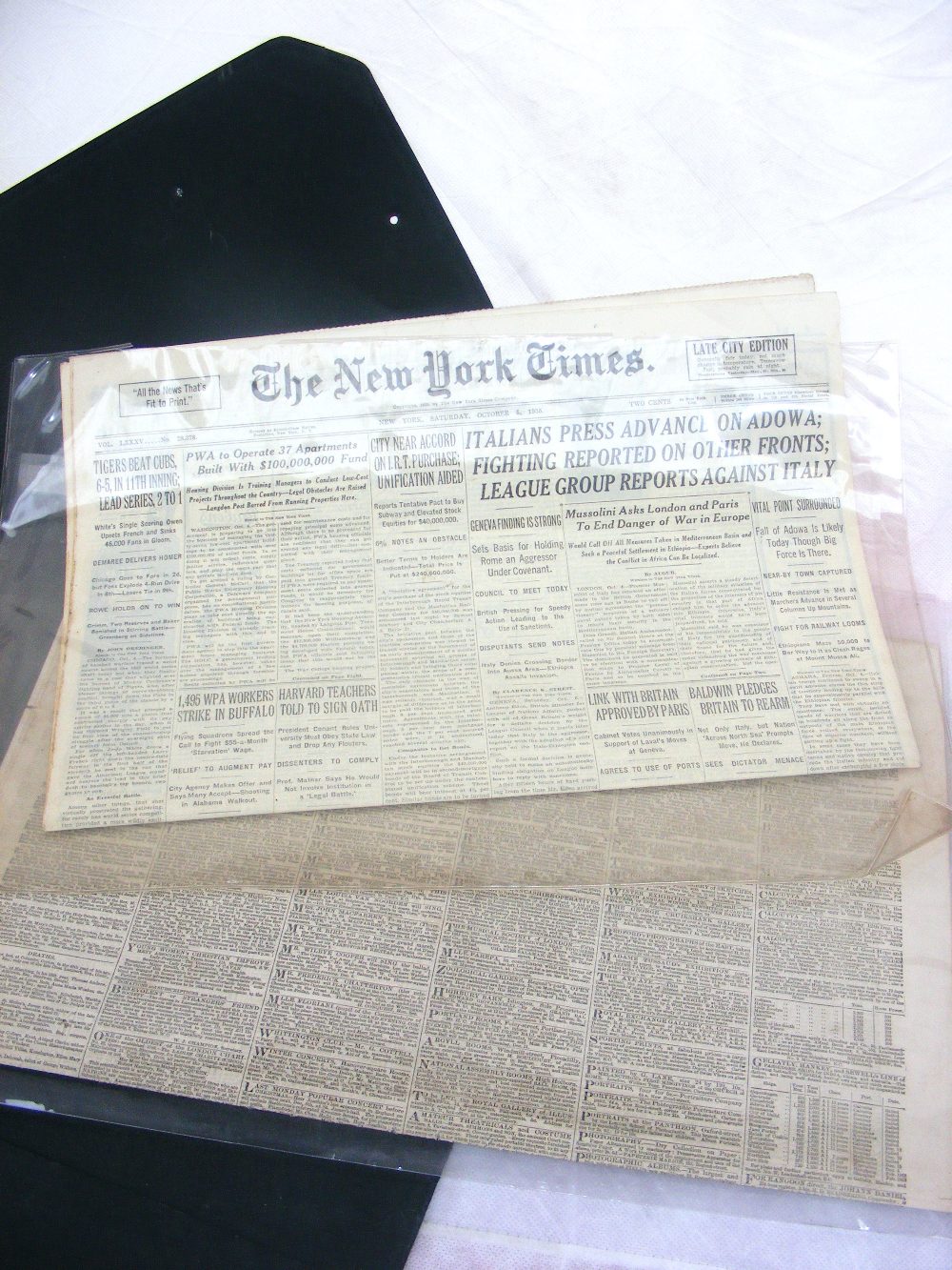 An original "New York Times" newspaper from "Saturday October 5 1935", with a certificate from