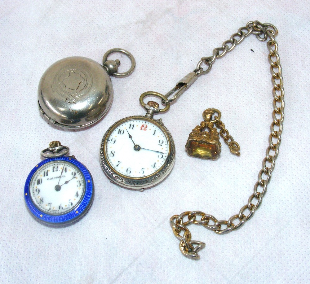 A guilloche enamel & sterling silver ladies fob watch the dial signed "Balmoral", another sterling