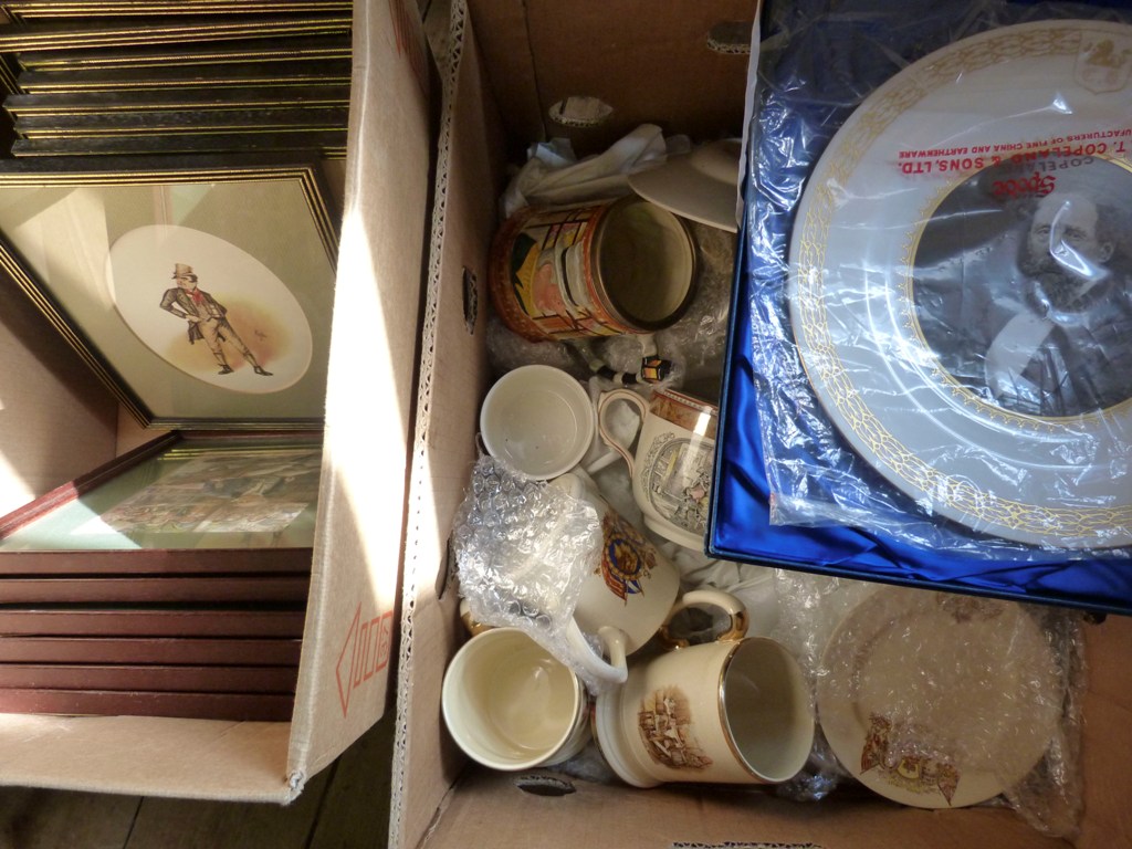 A Collection of Ceramics, to include commemorative mugs and a small collection of coloured prints