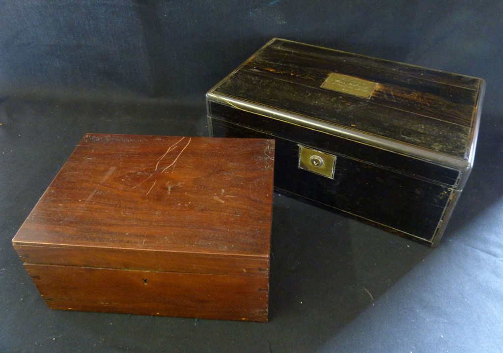 A 19th Century Coromandel Brass Bound Fold-over Writing Box, together with another similar