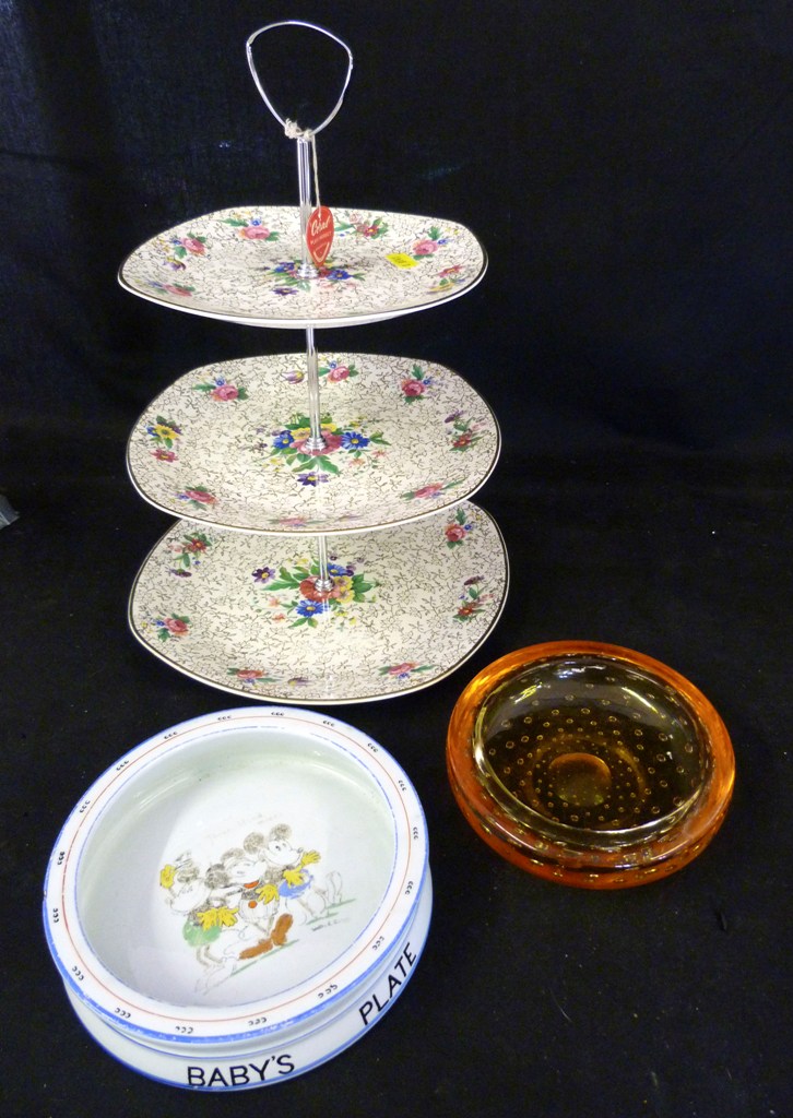 A Lawleys Baby's Plate, decorated with the Three Blind Mice, together with a Whitefriars glass