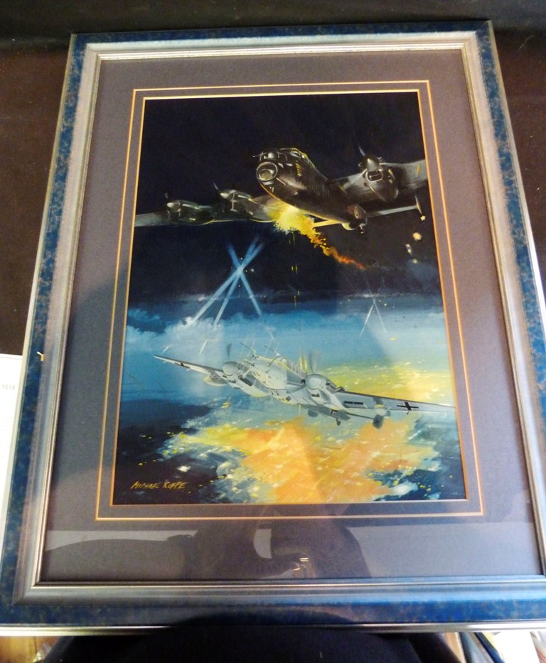 Michael Roffe BOMBERS IN A NIGHT SKY IN ACTION OVER A BURNING CITY 35 x 25 cms