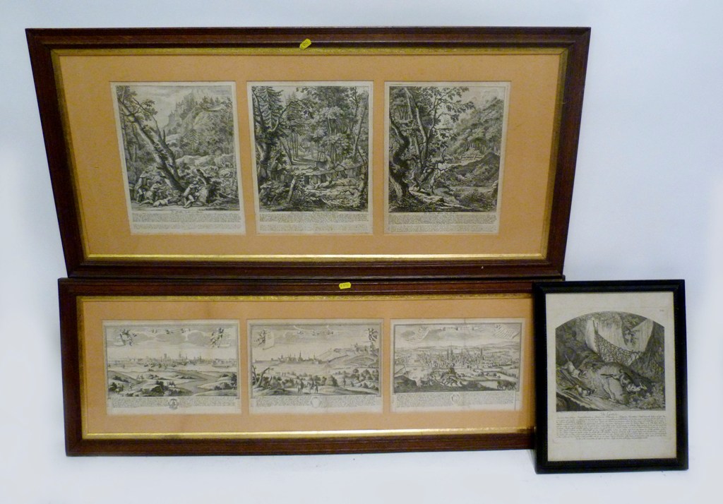 A Group of Six Early Book Plate Engravings within Two Frames, together with another similar