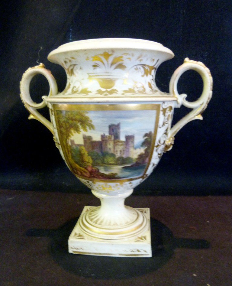 An Early 19th Century Derby Pedestal Two Handle Vase, of oviform hand painted with a reserve