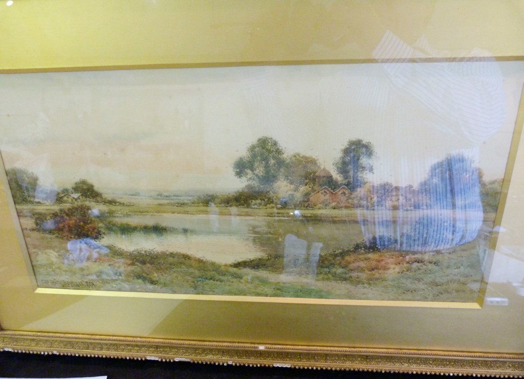 Creswick Boydell 1889 - 1916 England RURAL RIVER SCENE WITH SHEEP BEFORE BUILDINGS Watercolour,