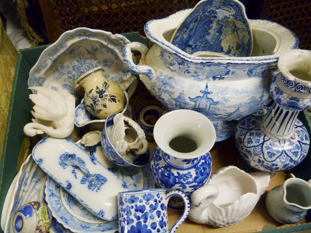 A Large 19th Century Wedgwood Underglaze Blue Decorated Tureen (AF) together with an early